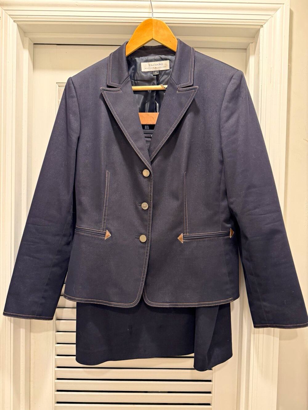 Tahari Arthur S. Levine Women’s 12 Blue Cotton Blend 2 Piece Skirt Suit Set